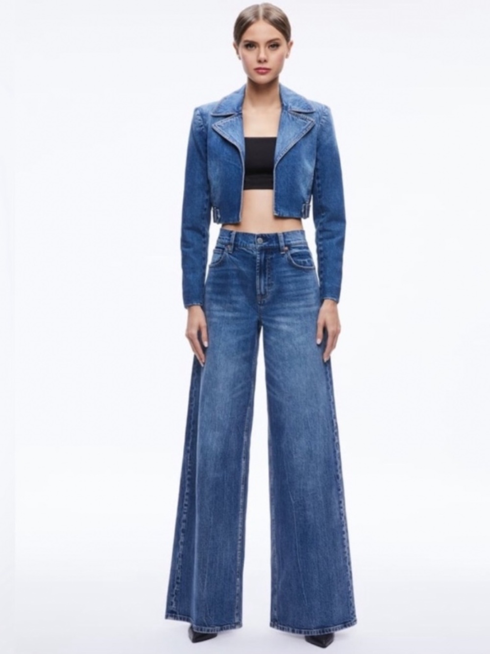 Yardley Cropped Denim Moto Jacket Alice + Olivia
